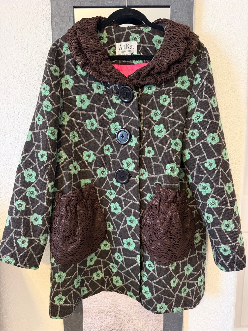 AnRen Brown Floral Knit Pea Coat with Mint Flower Accents